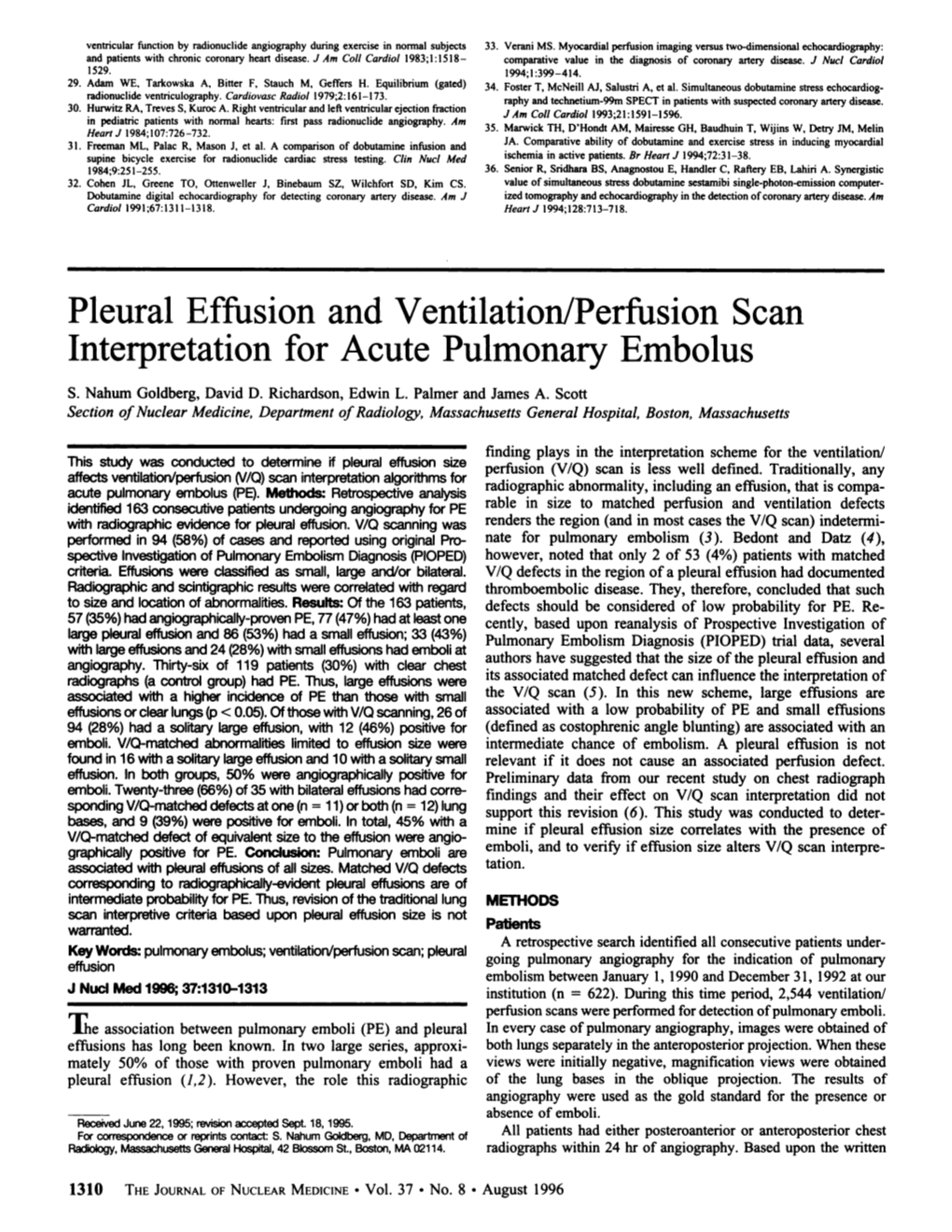 Pleural Effusion and Ventilation/Perfusion Scan Interpretation for Acute Pulmonary Embolus