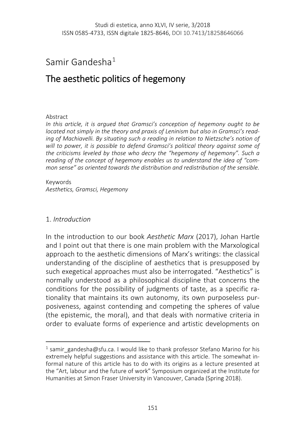 Samir Gandesha1 the Aesthetic Politics of Hegemony