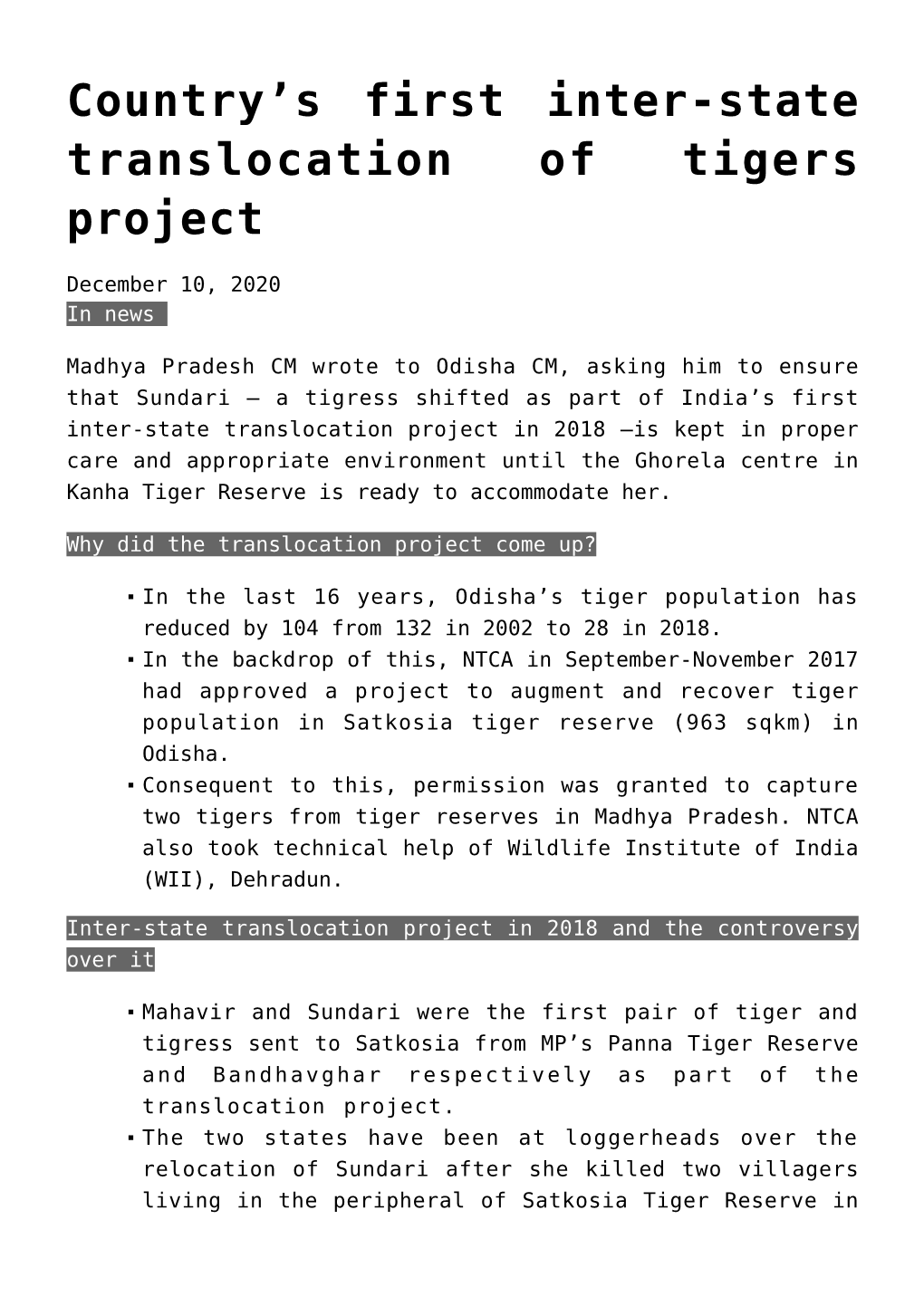 Country's First Inter-State Translocation of Tigers Project