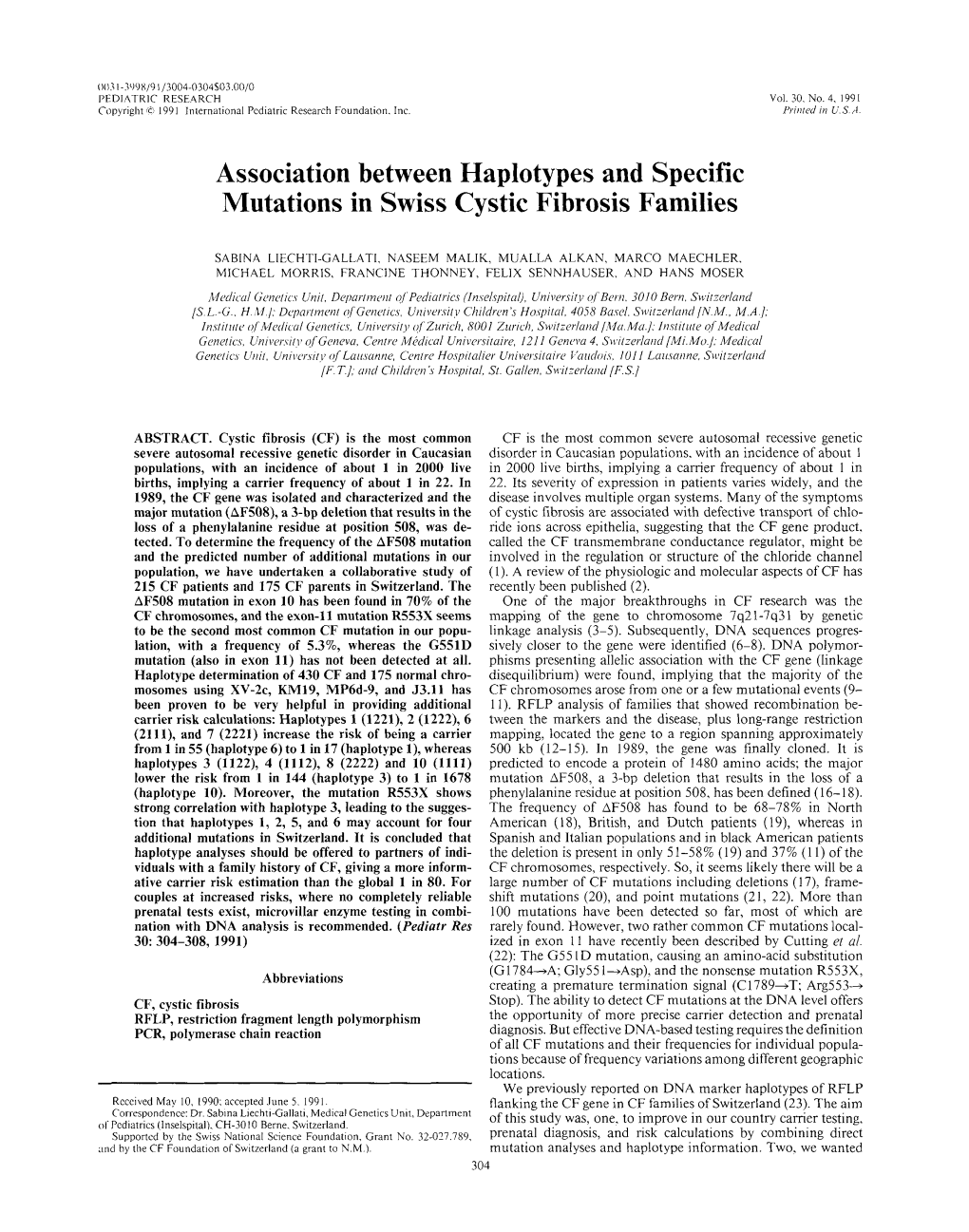 Association Between Haplotypes and Specific Mutations in Swiss Cystic Fibrosis Families