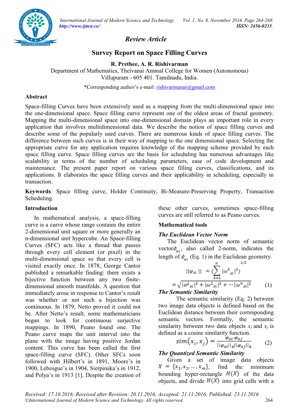 Review Article Survey Report on Space Filling Curves