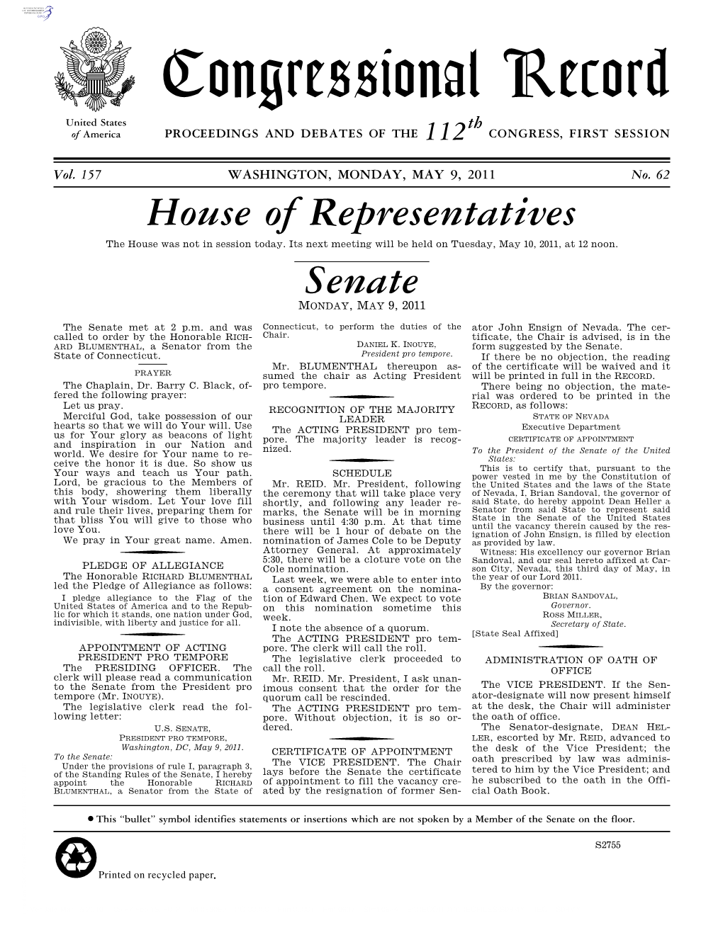 Congressional Record United States Th of America PROCEEDINGS and DEBATES of the 112 CONGRESS, FIRST SESSION