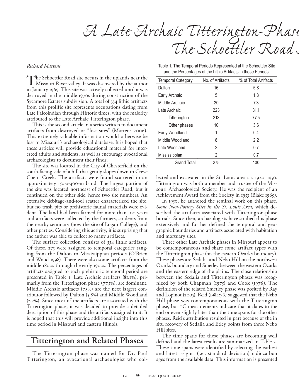 A Late Archaic Titterington-Phase Site in St. Louis County, Missouri: the Schoettler Road Site (23SL178/1105) Richard Martens Table 1