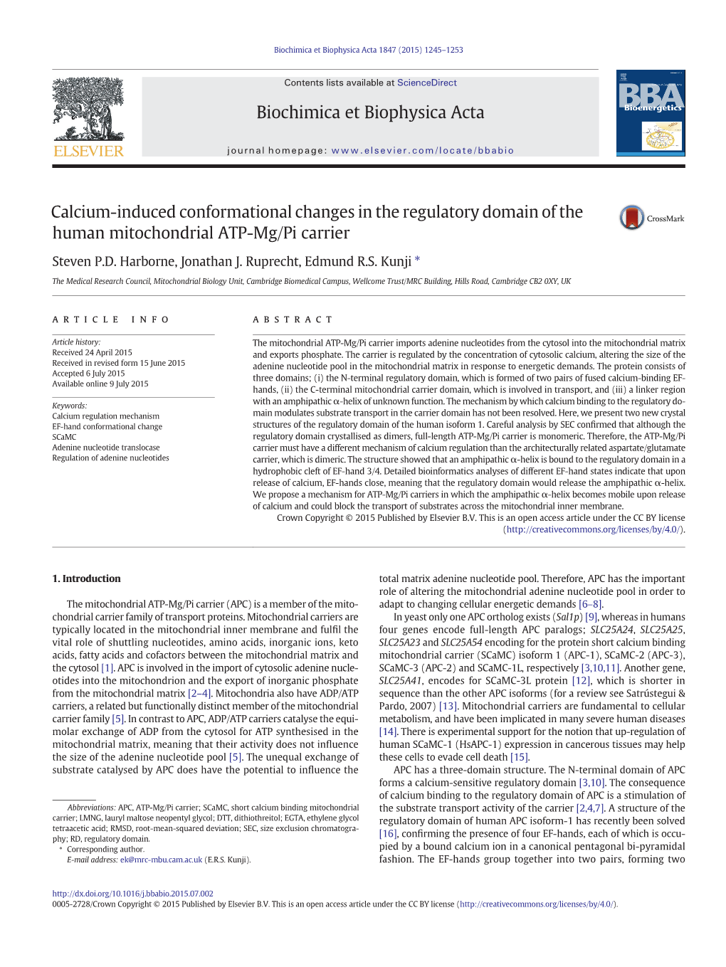 Calcium-Induced Conformational Changes in the Regulatory Domain of the Human Mitochondrial ATP-Mg/Pi Carrier