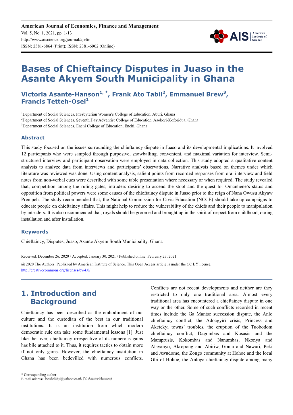 Bases of Chieftaincy Disputes in Juaso in the Asante Akyem South Municipality in Ghana