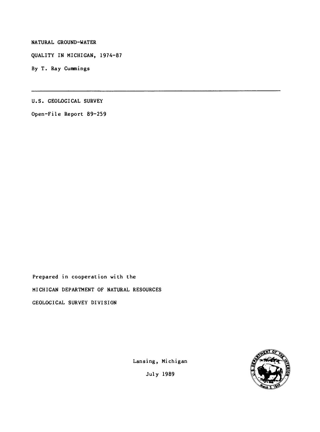 Natural Ground-Water Quality in Michigan, 1974-87