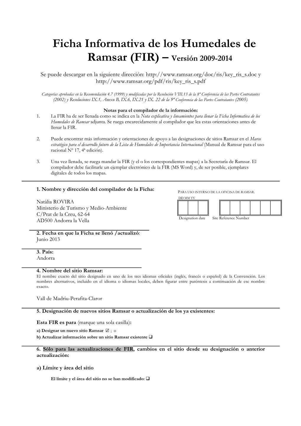 Ficha Informativa De Los Humedales De Ramsar (FIR) – Versión 2009-2014