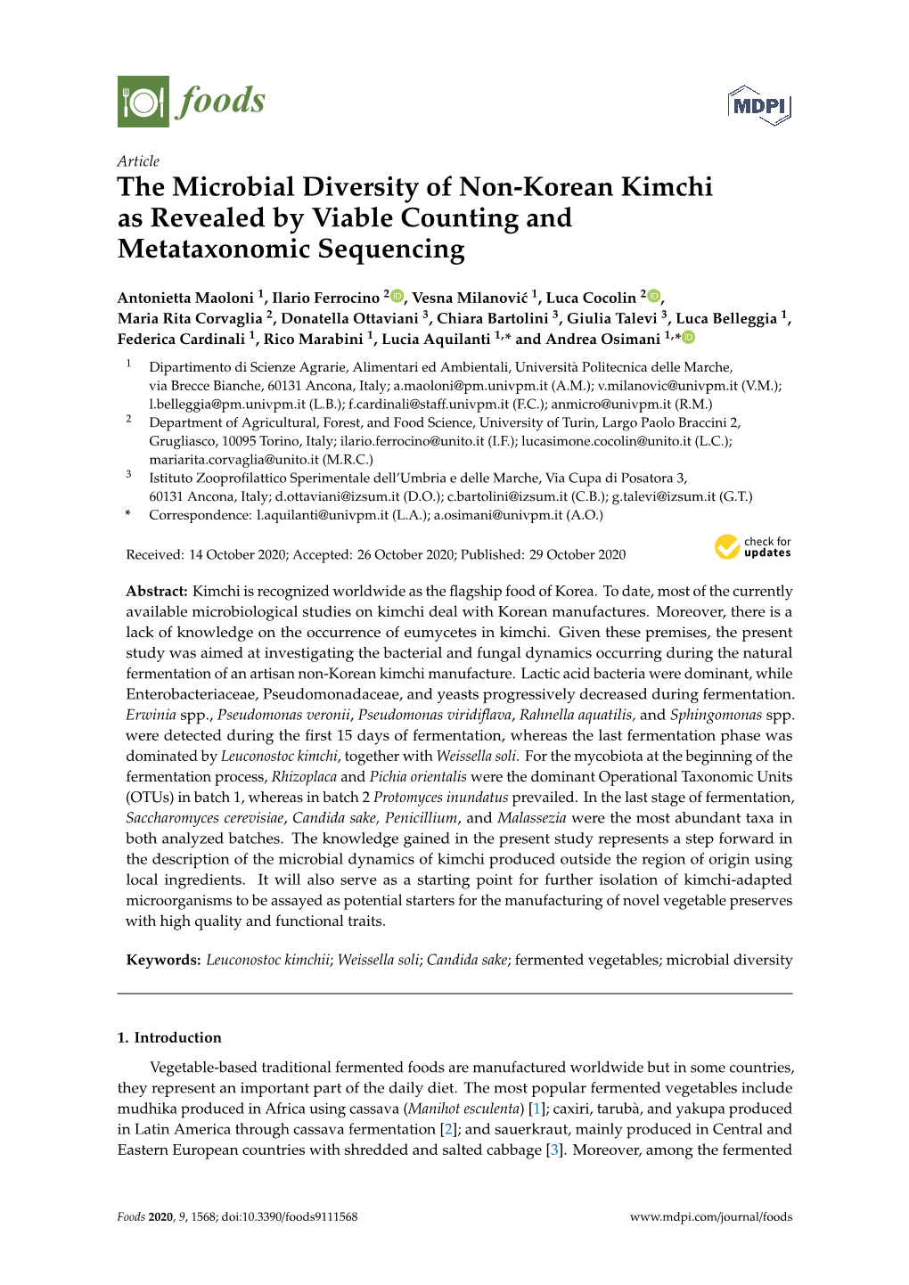 The Microbial Diversity of Non-Korean Kimchi As Revealed by Viable Counting and Metataxonomic Sequencing