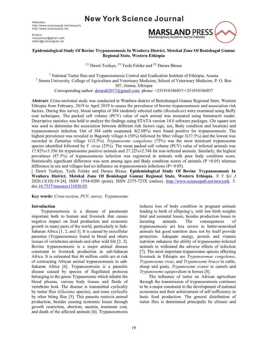 19 Epidemiological Study of Bovine Trypanosomosis in Wenbera