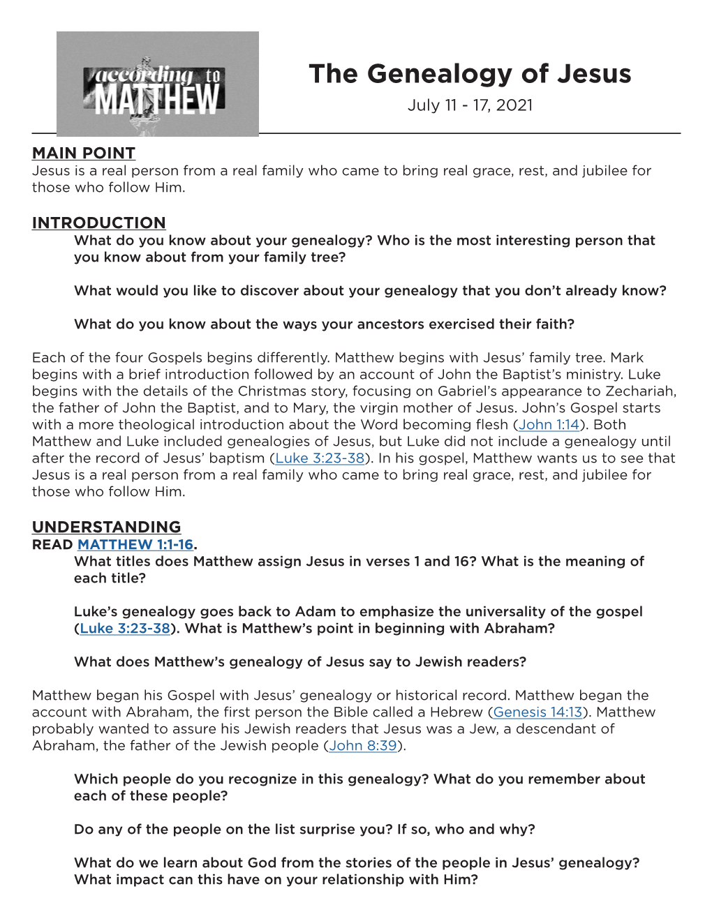 The Genealogy of Jesus July 11 - 17, 2021