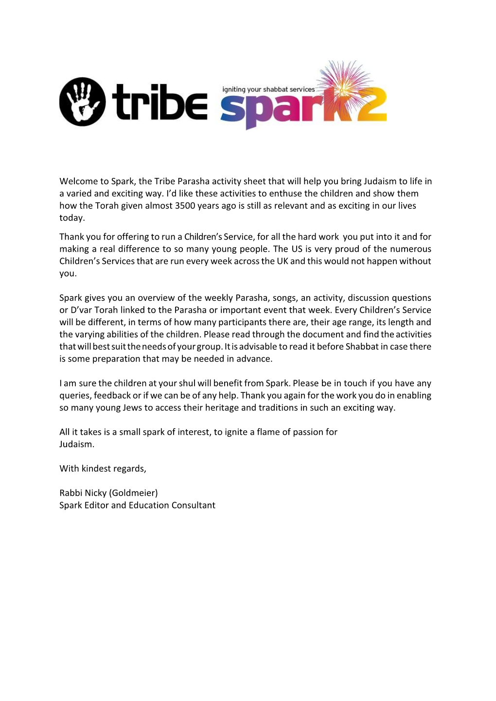 Spark, the Tribe Parasha Activity Sheet That Will Help You Bring Judaism to Life in a Varied and Exciting Way