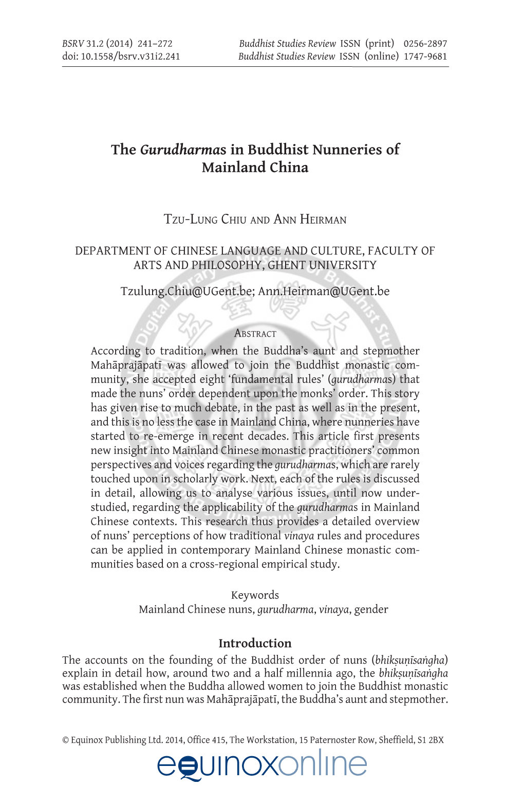 The Gurudharmas in Buddhist Nunneries of Mainland China