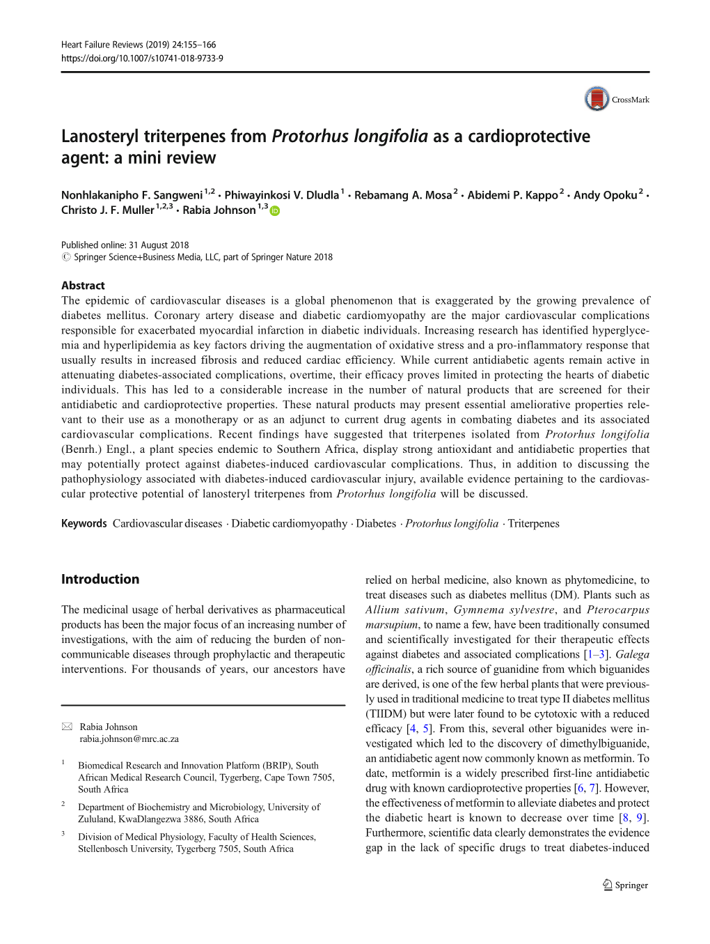 Lanosteryl Triterpenes from Protorhus Longifolia As a Cardioprotective Agent: a Mini Review