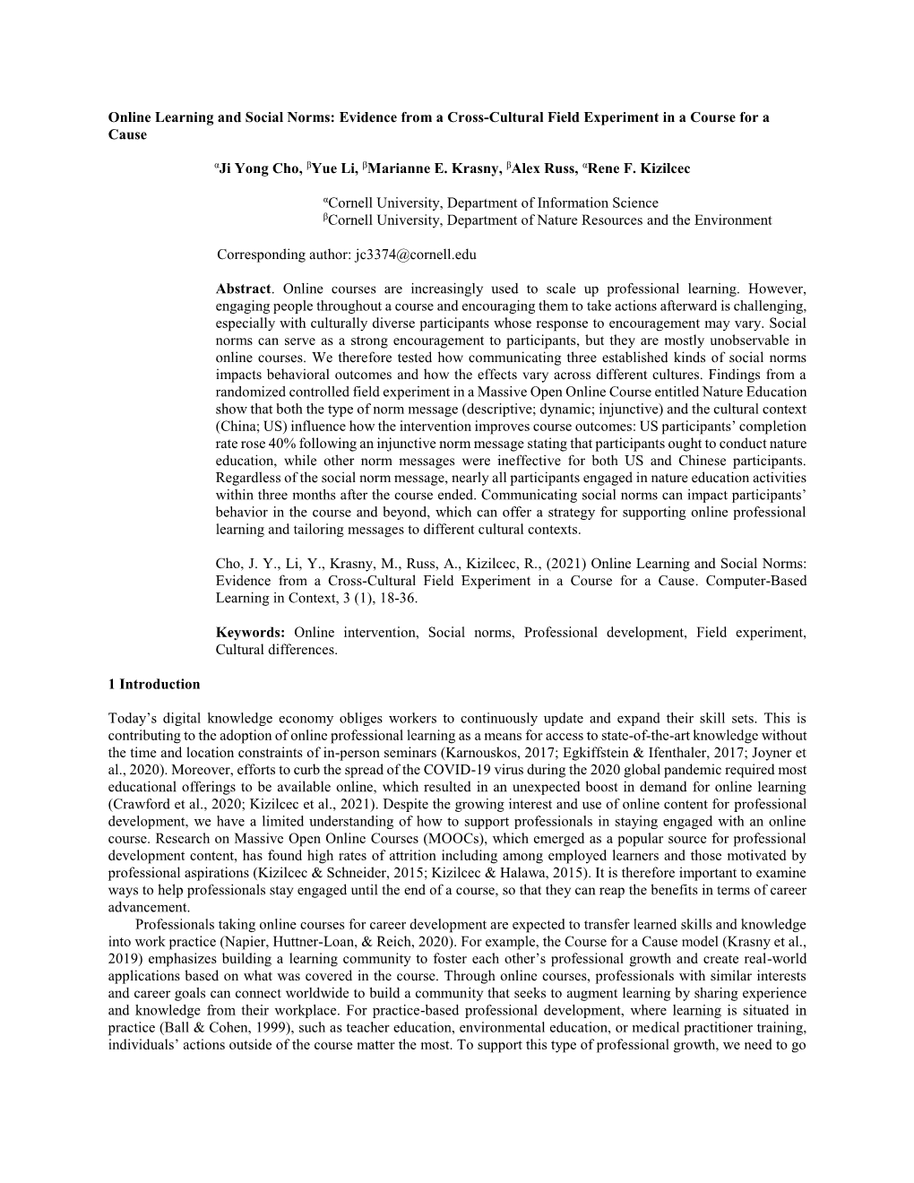 Online Learning and Social Norms: Evidence from a Cross-Cultural Field Experiment in a Course for a Cause