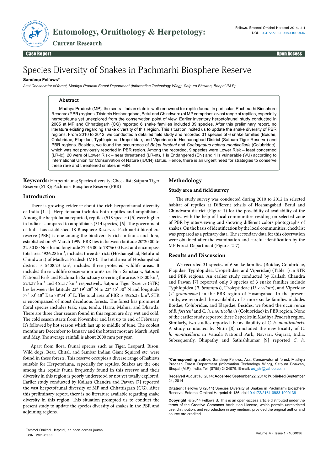 Species Diversity of Snakes in Pachmarhi Biosphere Reserve