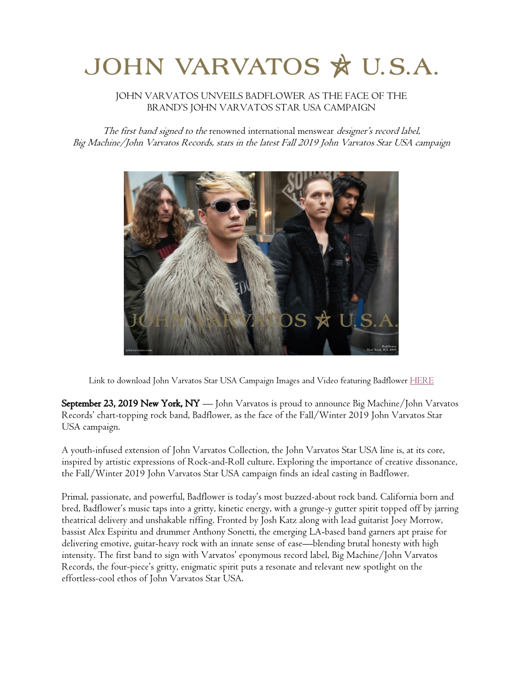 John Varvatos Unveils Badflower As the Face of the Brand’S John Varvatos Star Usa Campaign