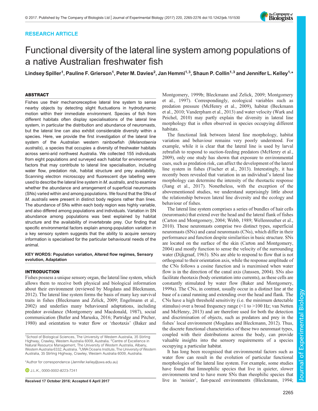 Functional Diversity of the Lateral Line System Among Populations of a Native Australian Freshwater Fish Lindsey Spiller1, Pauline F