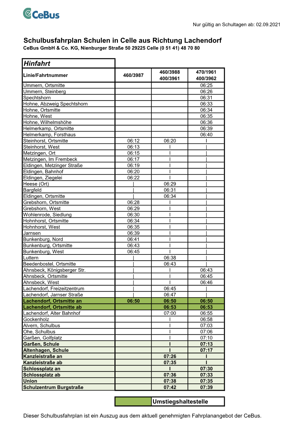 Schulbusfahrplan Schulen in Celle Aus Richtung Lachendorf Hinfahrt