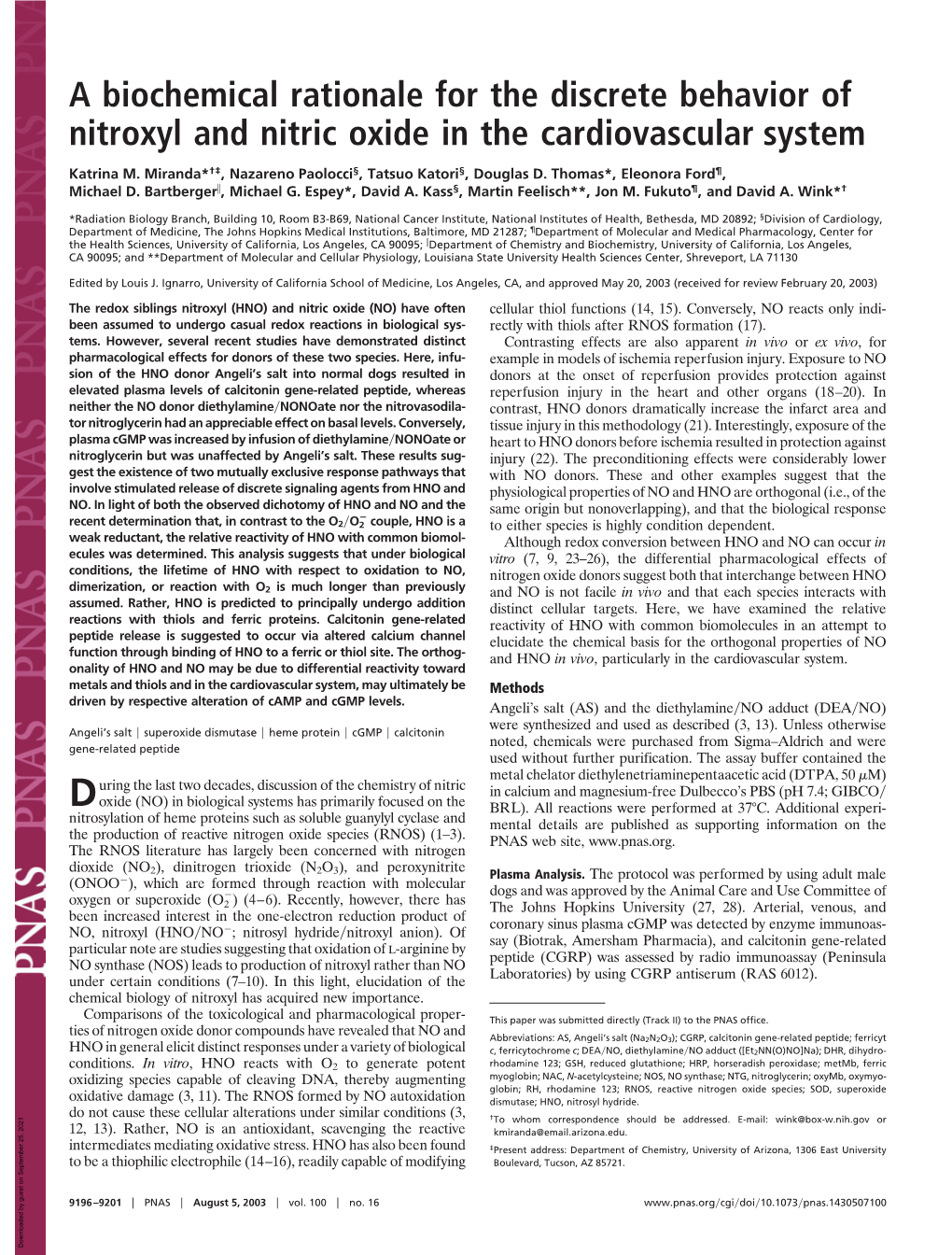 A Biochemical Rationale for the Discrete Behavior of Nitroxyl and Nitric Oxide in the Cardiovascular System