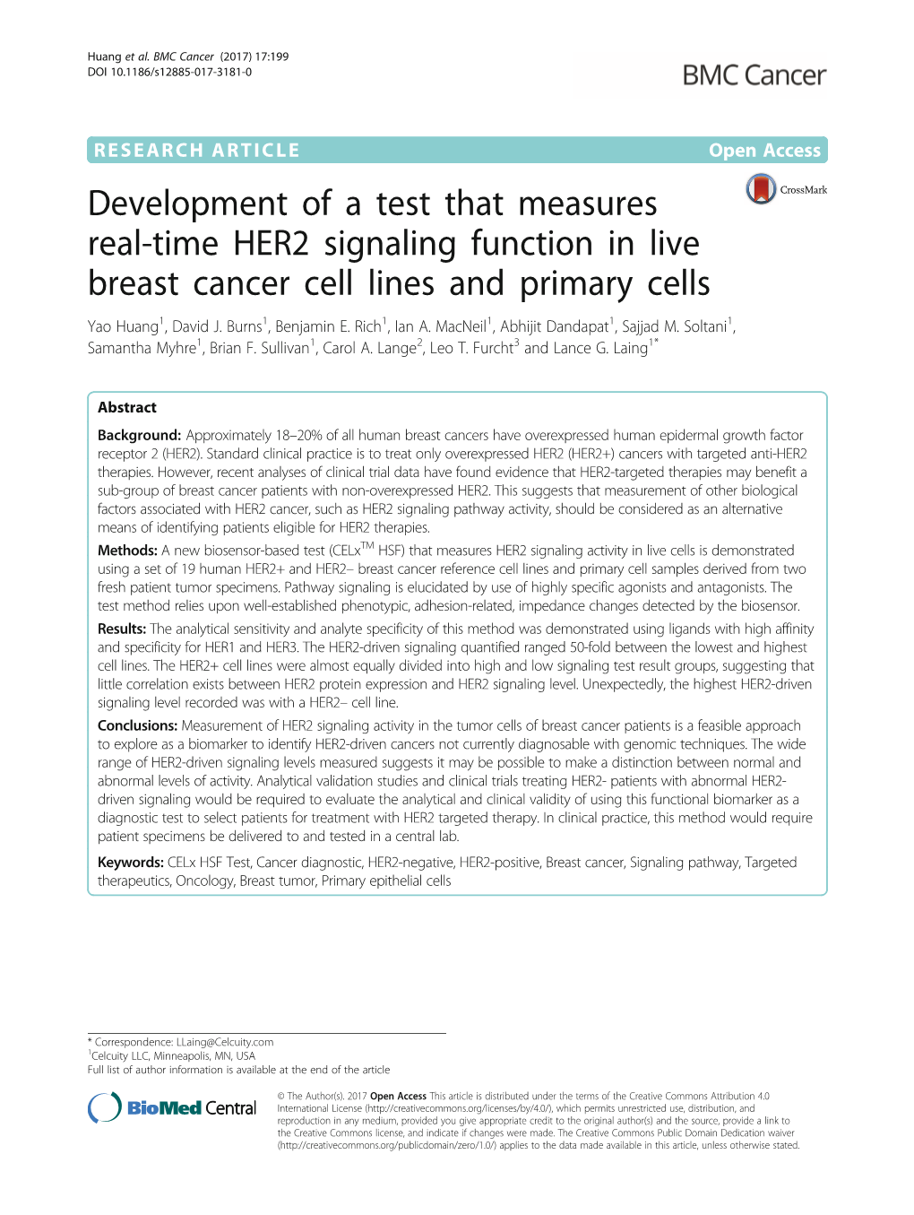 Development of a Test That Measures Real-Time HER2 Signaling Function in Live Breast Cancer Cell Lines and Primary Cells Yao Huang1, David J