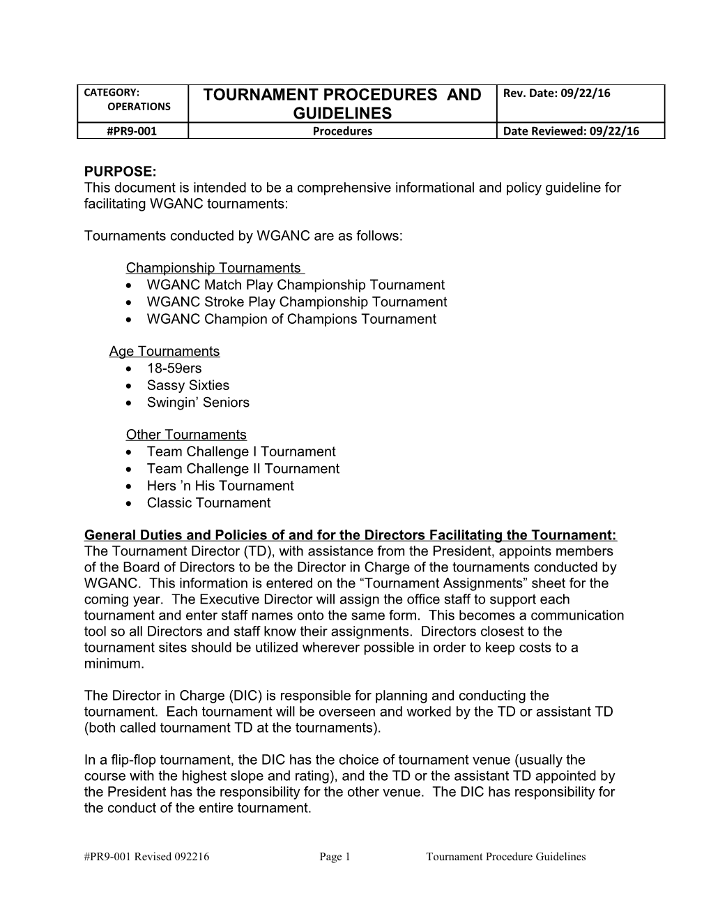 Wganc Tournament Procedure Guidelines