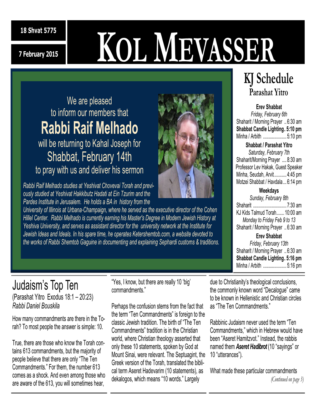 KOL MEVASSER KJ Schedule