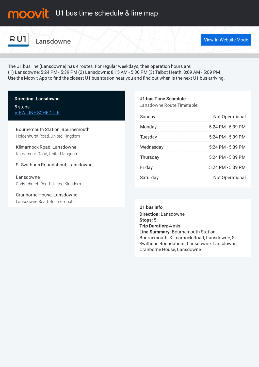 U1 Bus Time Schedule & Line Route