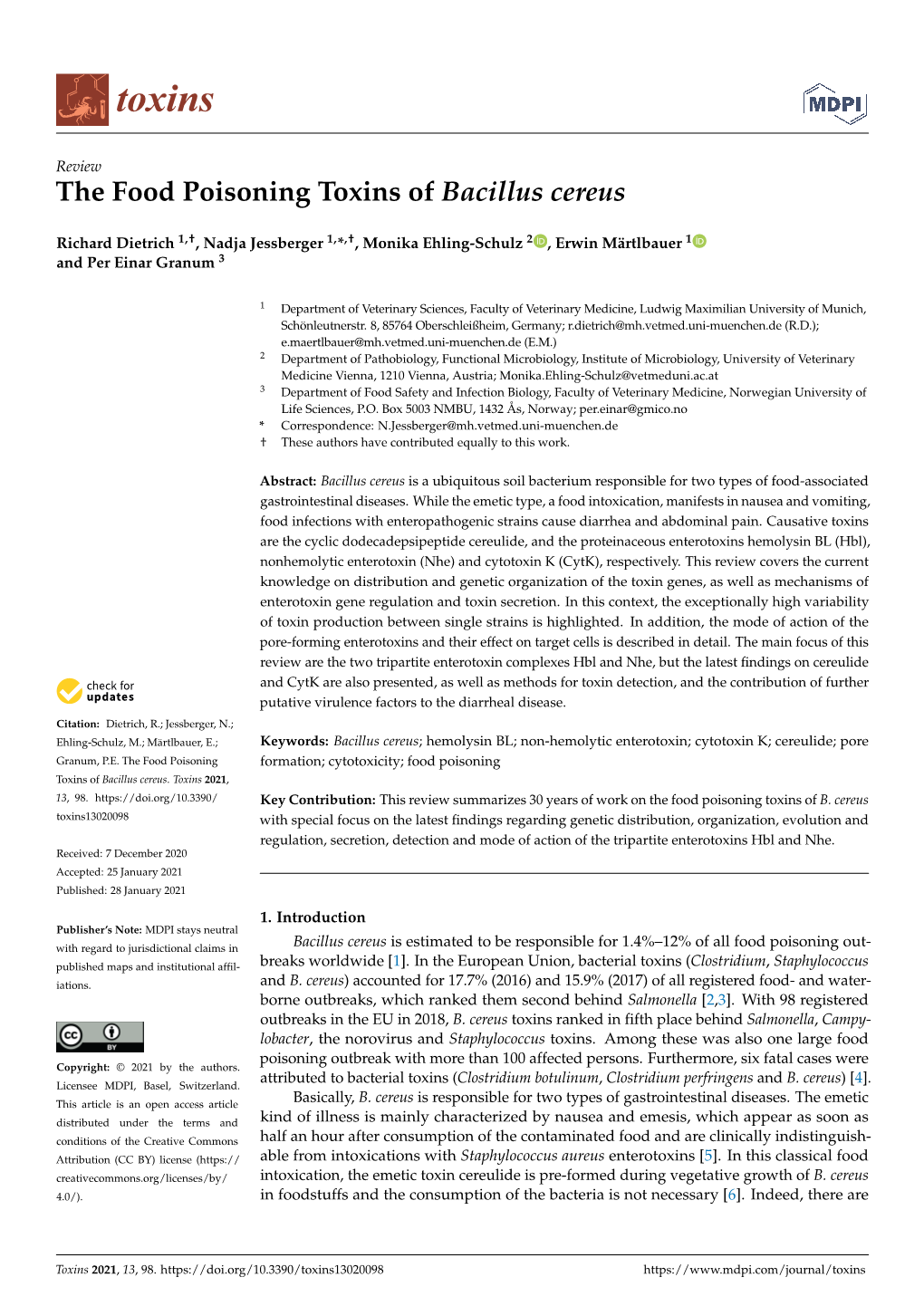 The Food Poisoning Toxins of Bacillus Cereus