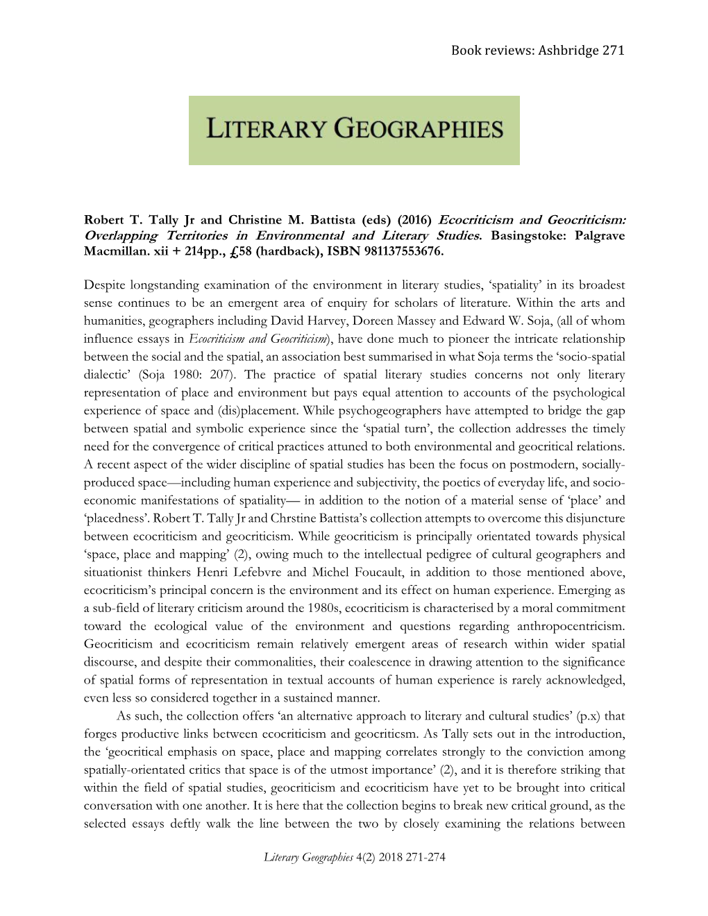 Ecocriticism and Geocriticism: Overlapping Territories in Environmental and Literary Studies