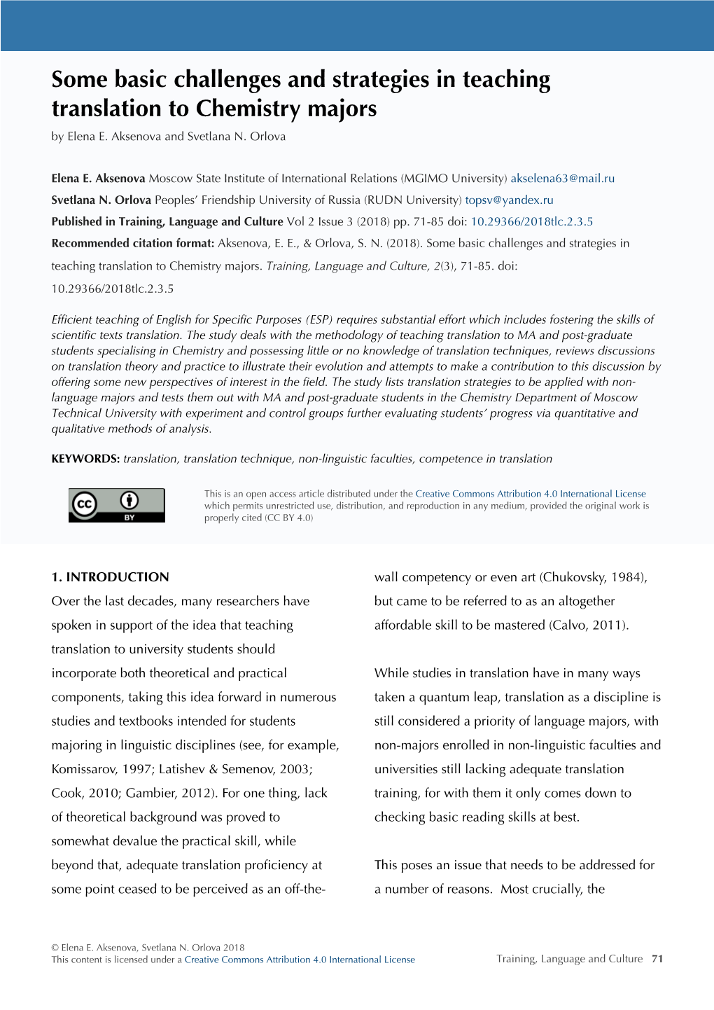 Some Basic Challenges and Strategies in Teaching Translation to Chemistry Majors Iazyka (Pp