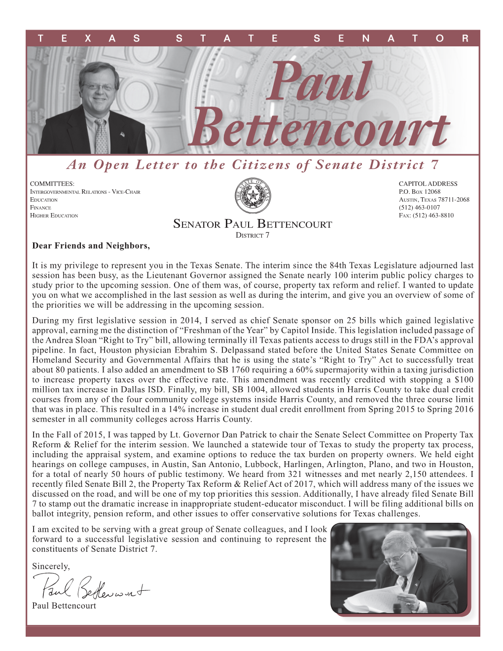 Paul Bettencourt an Open Letter to the Citizens of Senate District 7