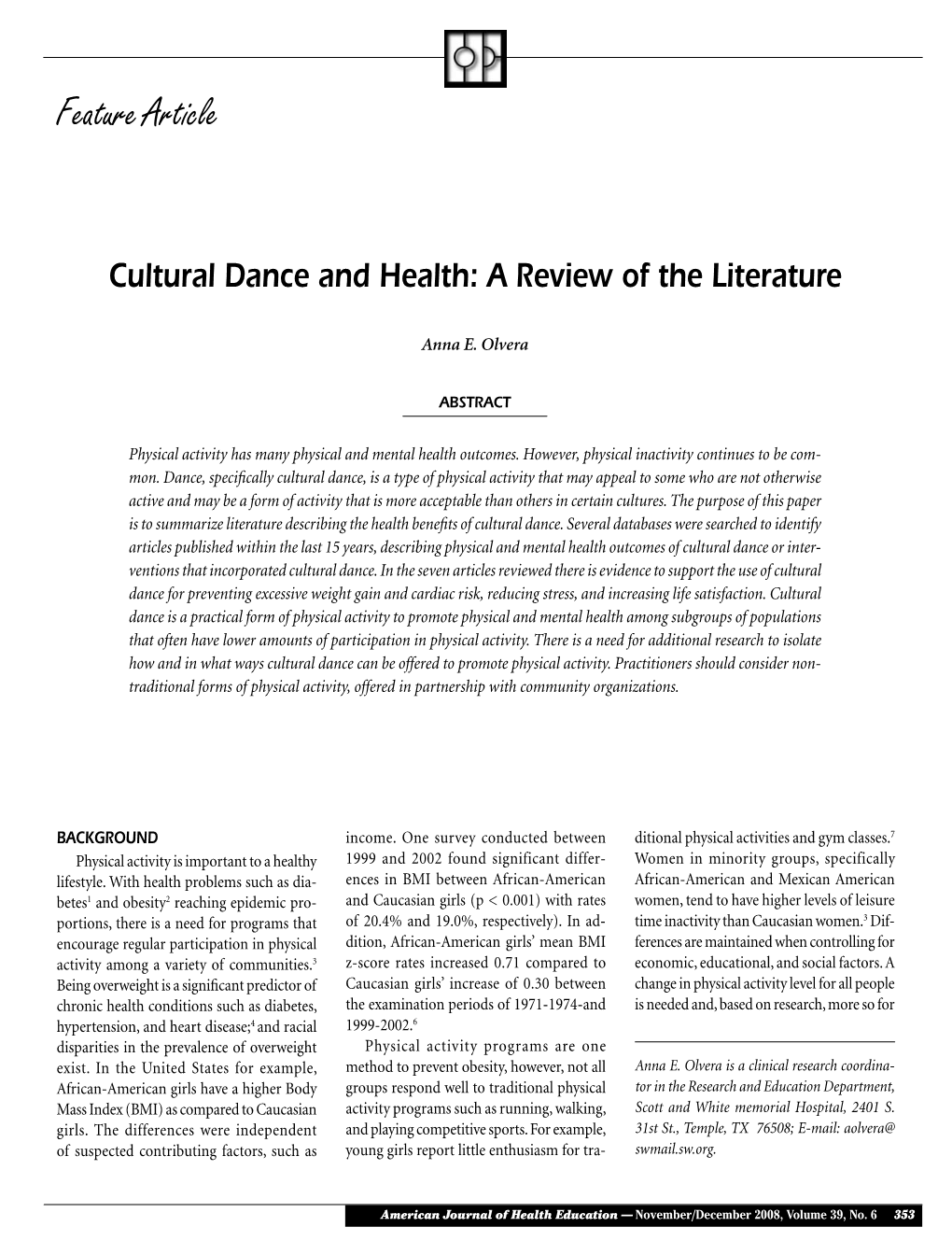 Cultural Dance and Health: a Review of the Literature