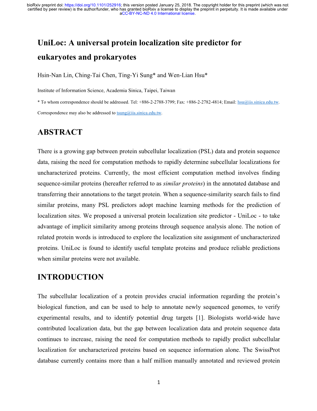 Uniloc: a Universal Protein Localization Site Predictor For