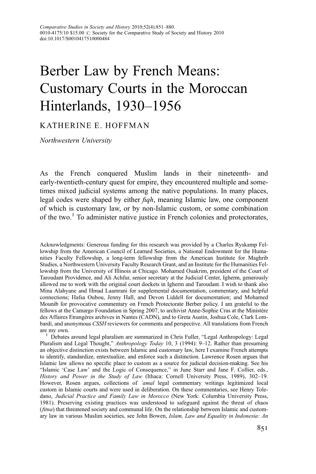 Berber Law by French Means: Customary Courts in the Moroccan Hinterlands, 1930–1956