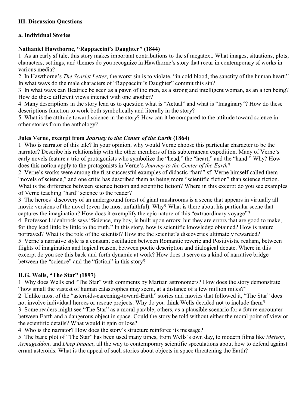 III. Discussion Questions A. Individual Stories Nathaniel Hawthorne