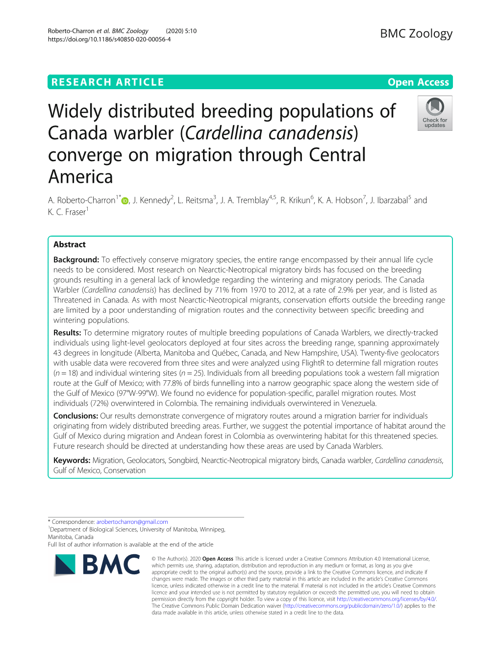 Widely Distributed Breeding Populations of Canada Warbler (Cardellina Canadensis) Converge on Migration Through Central America A