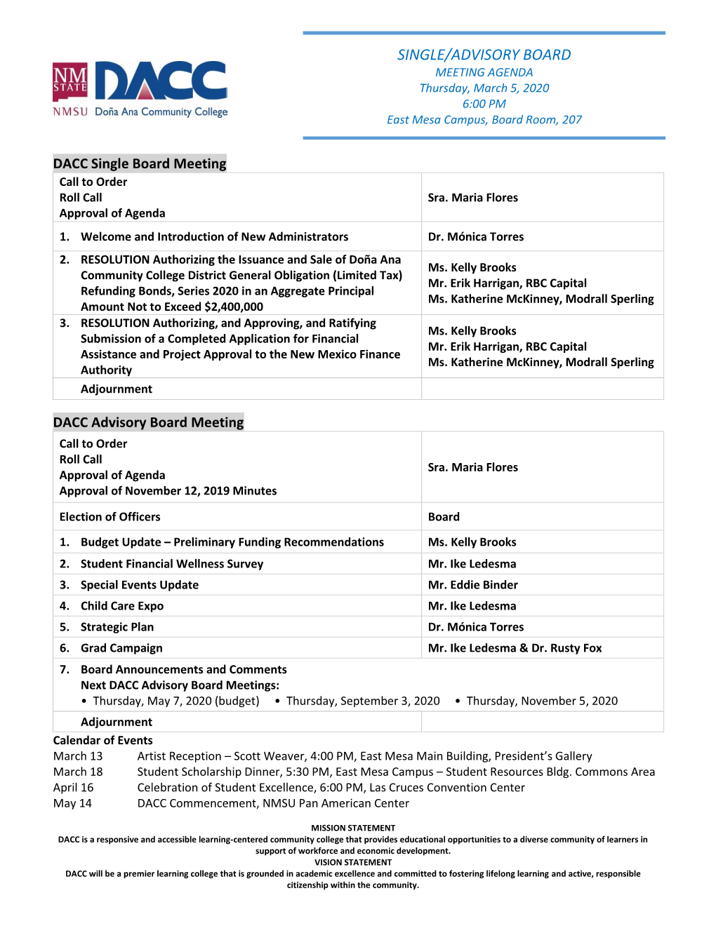 SINGLE/ADVISORY BOARD MEETING AGENDA Thursday, March 5, 2020 6:00 PM East Mesa Campus, Board Room, 207