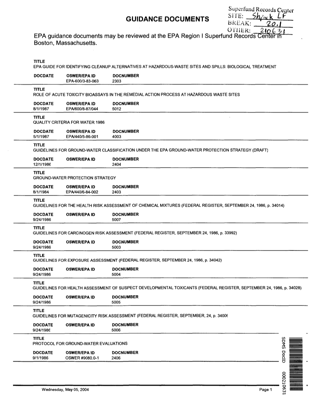 List of Guidance Documents for Shpack Landfill Record