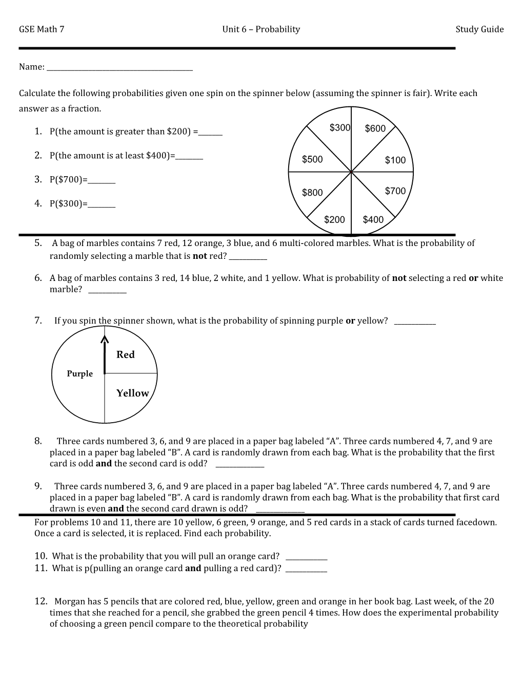 GSE Math 7 Unit 6 Probability Study Guide