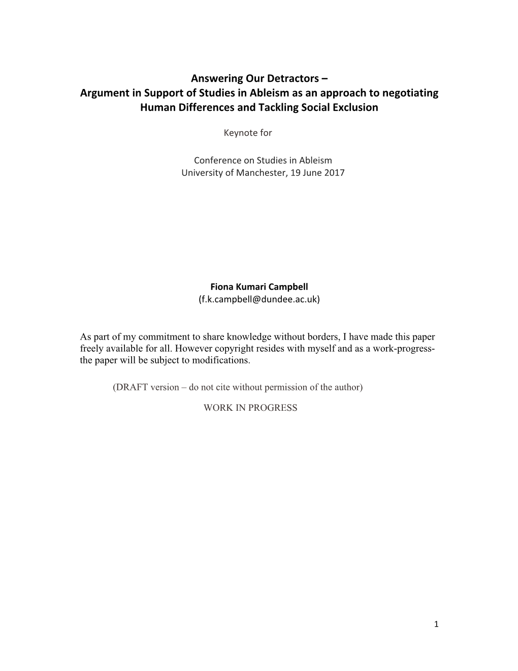 Answering Our Detractors – Argument in Support of Studies in Ableism As an Approach to Negotiating Human Differences and Tackling Social Exclusion