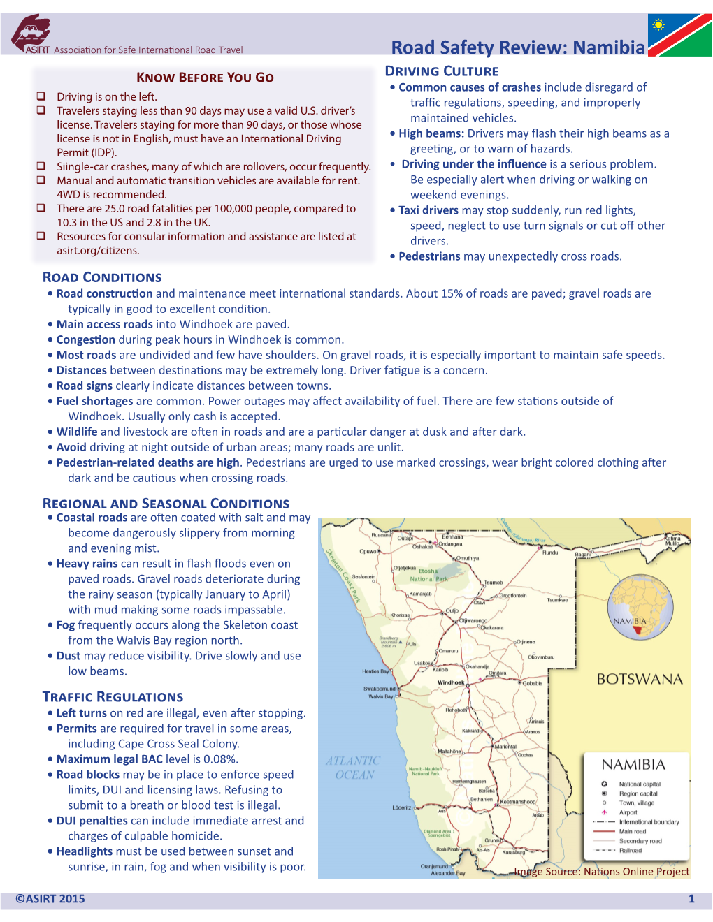 Road Safety Review: Namibia Know Before You Go Driving Culture • Common Causes of Crashes Include Disregard of  Driving Is on the Left