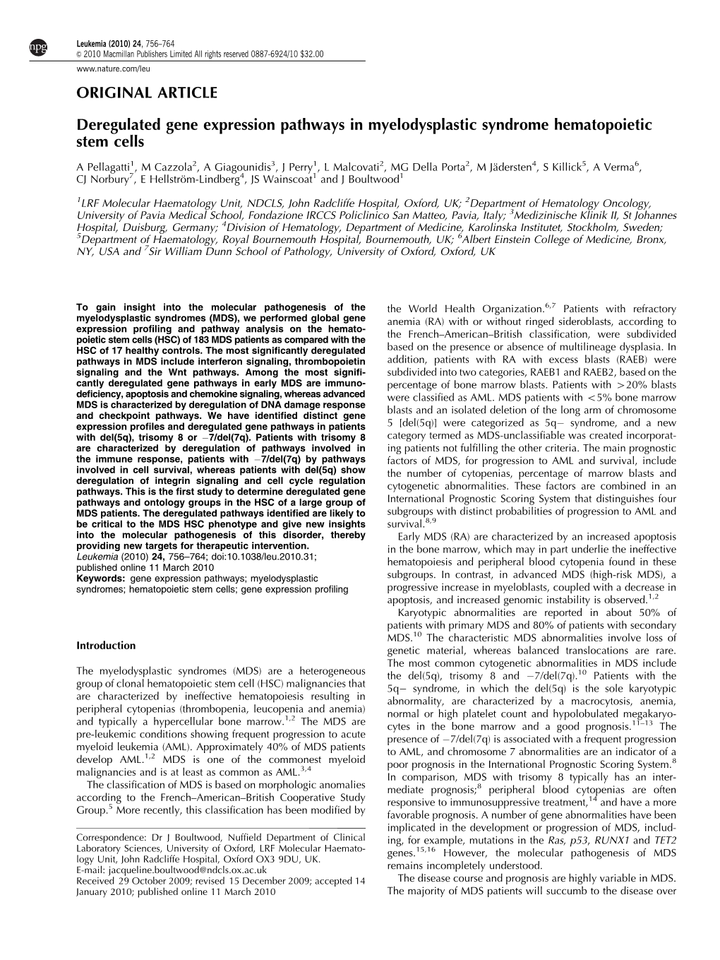 Deregulated Gene Expression Pathways in Myelodysplastic Syndrome Hematopoietic Stem Cells