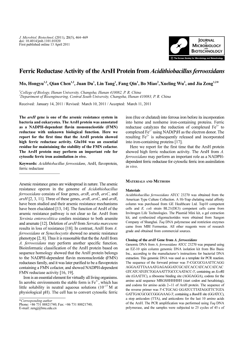 Ferric Reductase Activity of the Arsh Protein from Acidithiobacillus Ferrooxidans