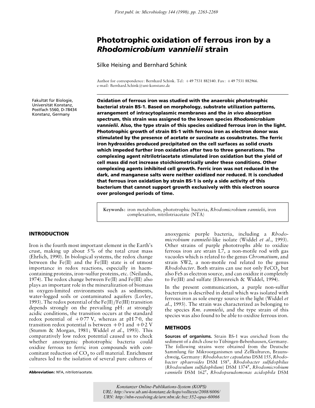 Phototrophic Oxidation of Ferrous Iron by a Rhodomicrobium Vannielii Strain