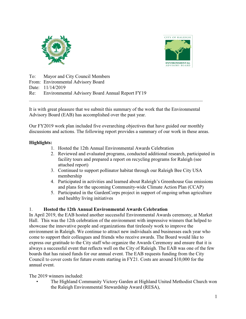 Environmental Advisory Board Annual Report FY19 ______