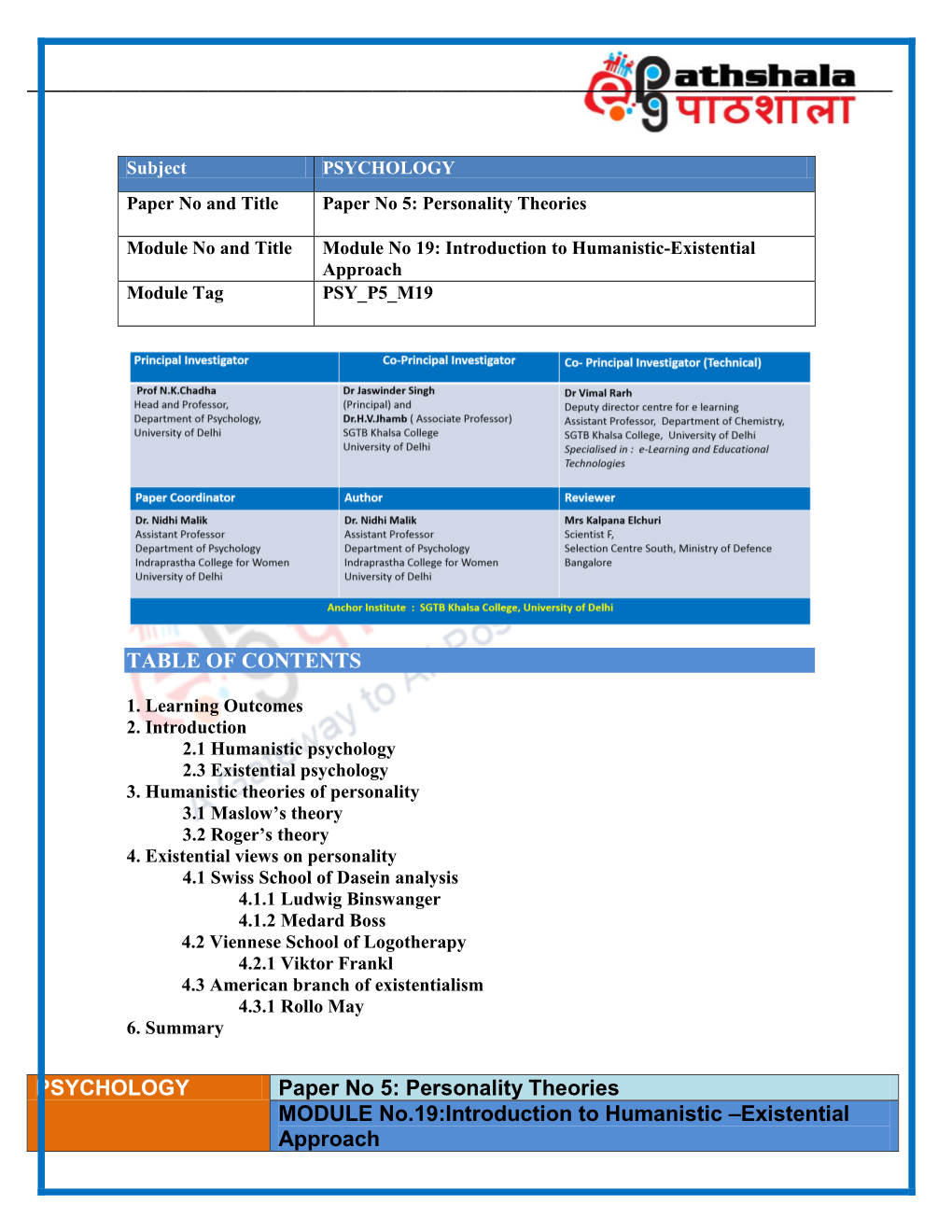 Subject PSYCHOLOGY Paper No and Title Paper No 5: Personality Theories