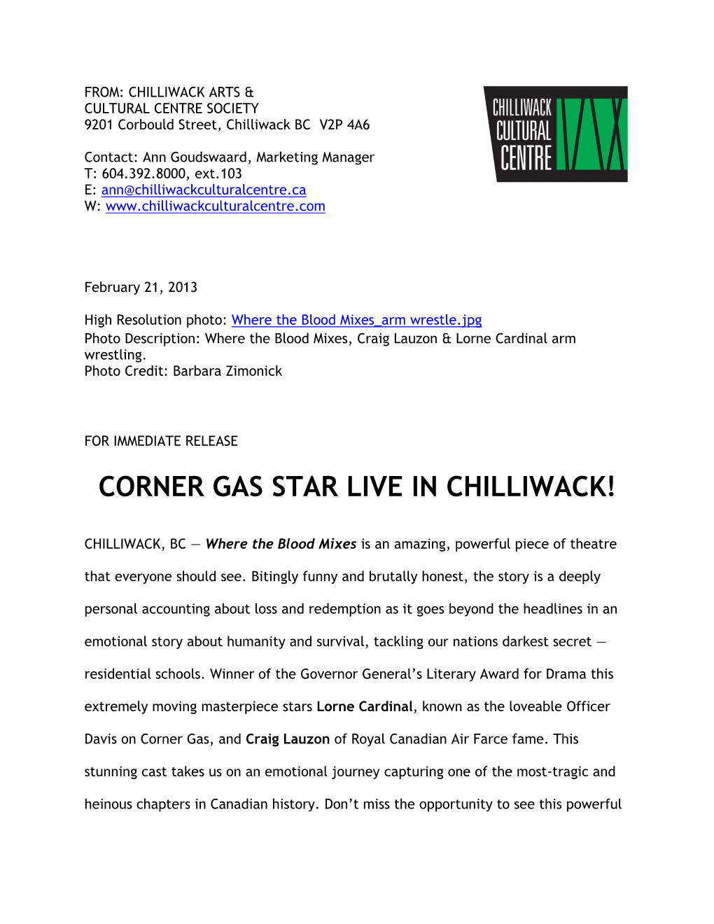 Corner Gas Star Live in Chilliwack!