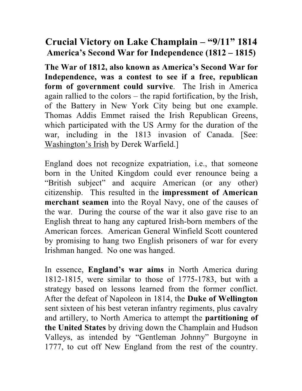 Crucial Victory on Lake Champlain – “9/11” 1814 America’S Second War for Independence (1812 – 1815)