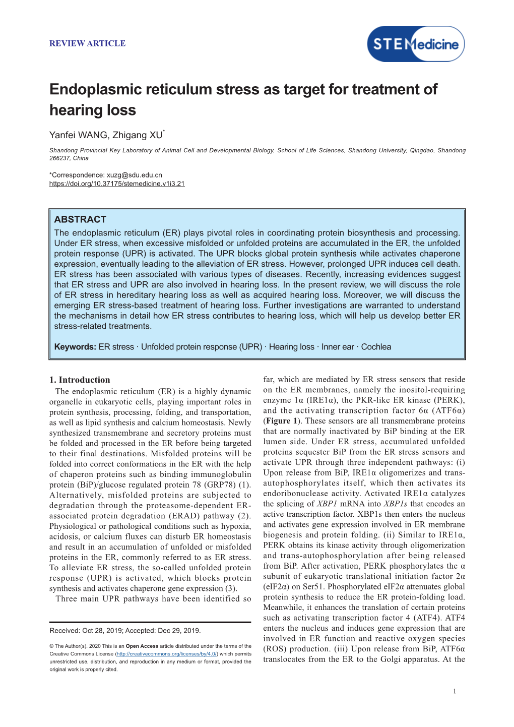 Endoplasmic Reticulum Stress As Target for Treatment of Hearing Loss