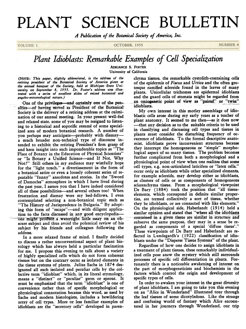 PLANT SCIENCE BULLETIN a Publication of the Botanical Society of America, Inc